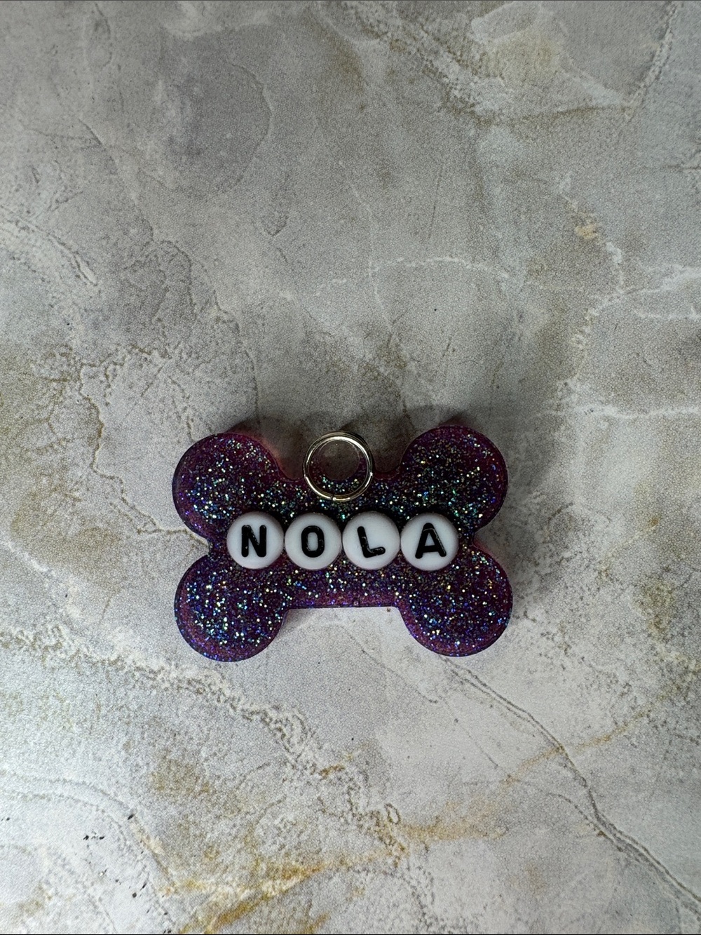 Personalized NOLA Purple Glitter Bone Dog ID Tag with Name Beads
